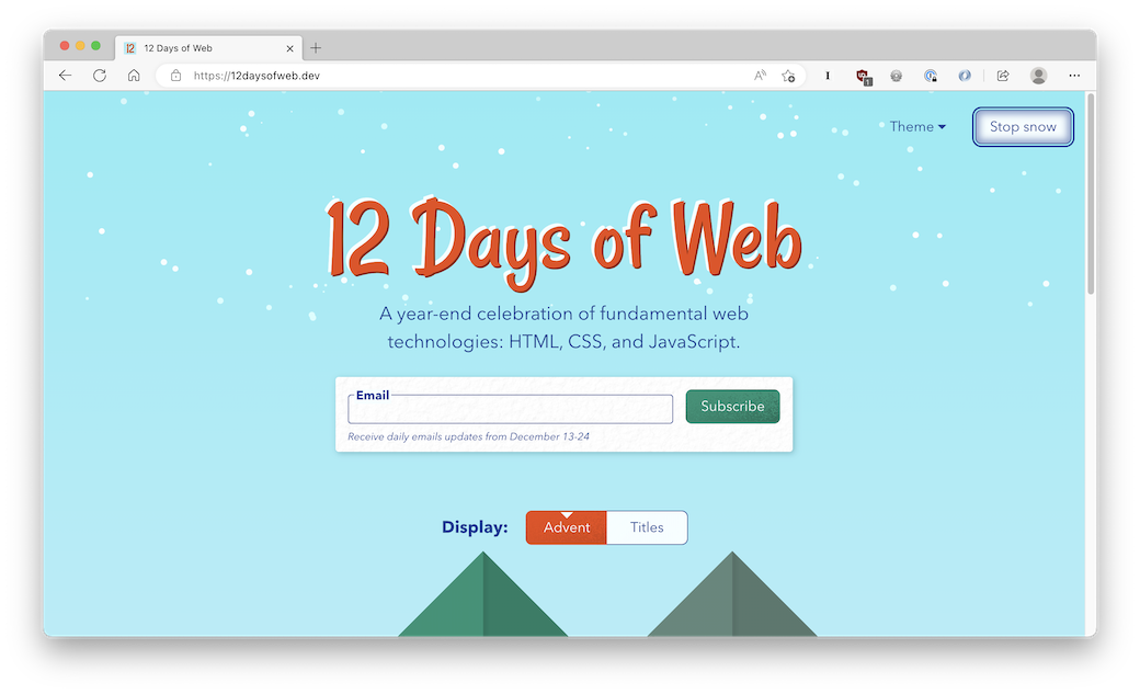The 12 Days of Web homepage, with animated snowflakes falling the background.