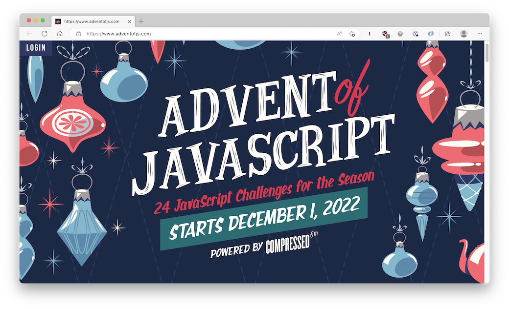 A screenshot of the Advent of JavaScript website, featuring a blue background with wrapping paper pattern and ornaments.