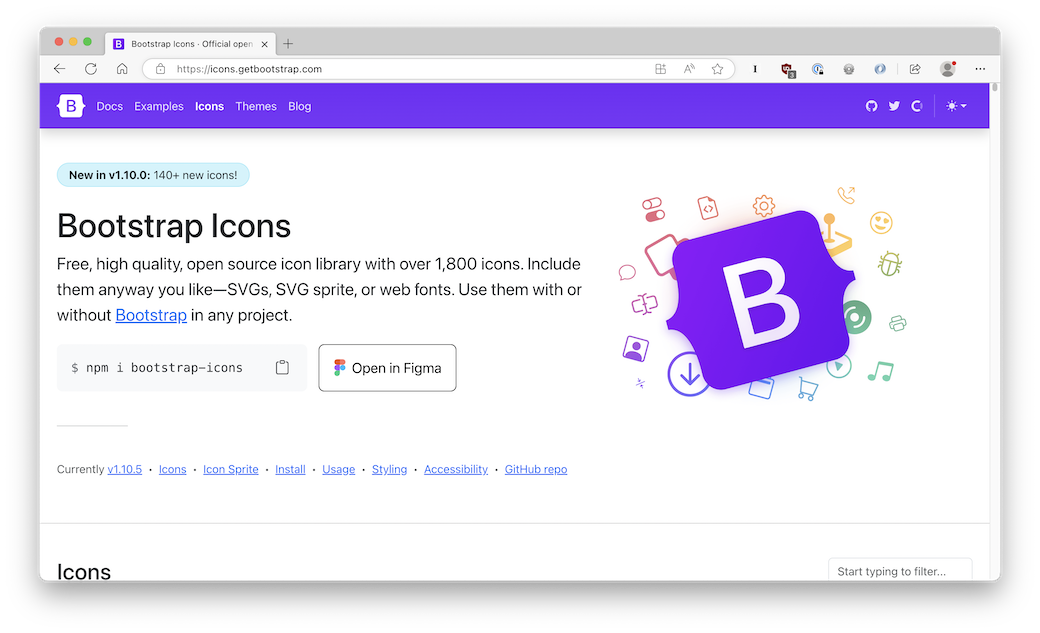 A screenshot of the Bootstrap Icons landing page, with the text: 'Free, high quality, open source icon library with over 1,800 icons. Include them anyway you like—SVGs, SVG sprite, or web fonts. Use them with or without Bootstrap in any project.'