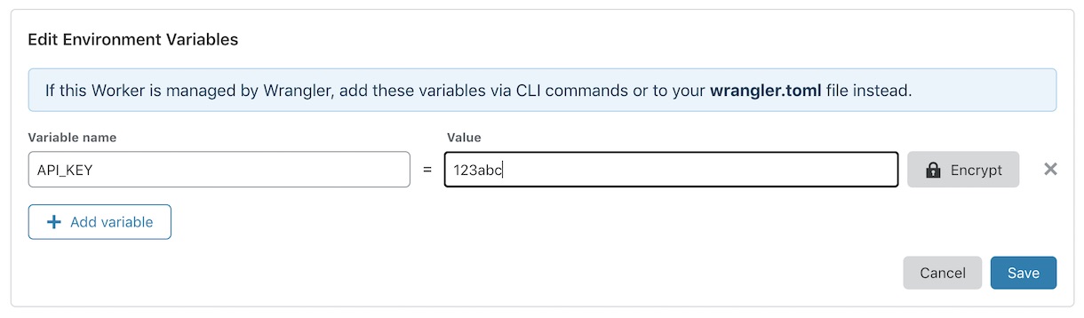 A screenshot of the CloudFlare Workers environment variable interface