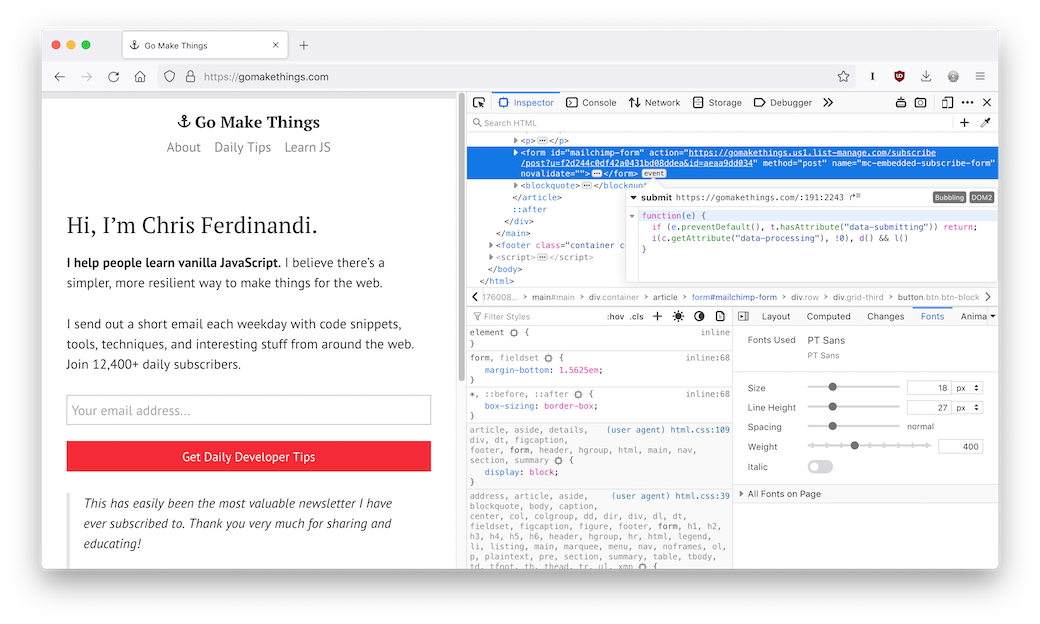 A screenshot of the Go Make Things homepage, with Firefox's developer tools open to elements tab for the newsletter form, with the event details showing