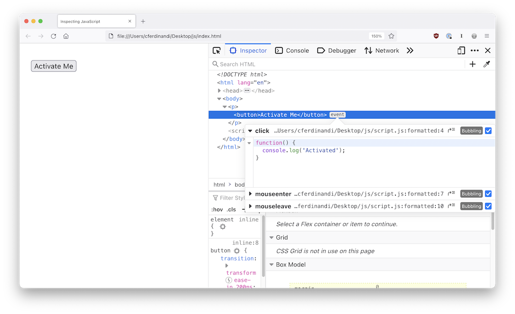 A screenshot of the Firefox dev tools window, with the Event tooltip displayed. There are three event listeners: click, mouseenter, and mouseleave. The click event is expanded to show its source code.
