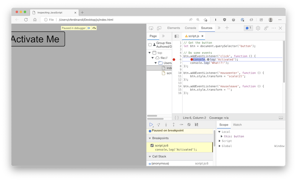 A screenshot of the Firefox dev tools window, with the source code for the script open, a breakpoint set, and the current script paused at the breakpoint.
