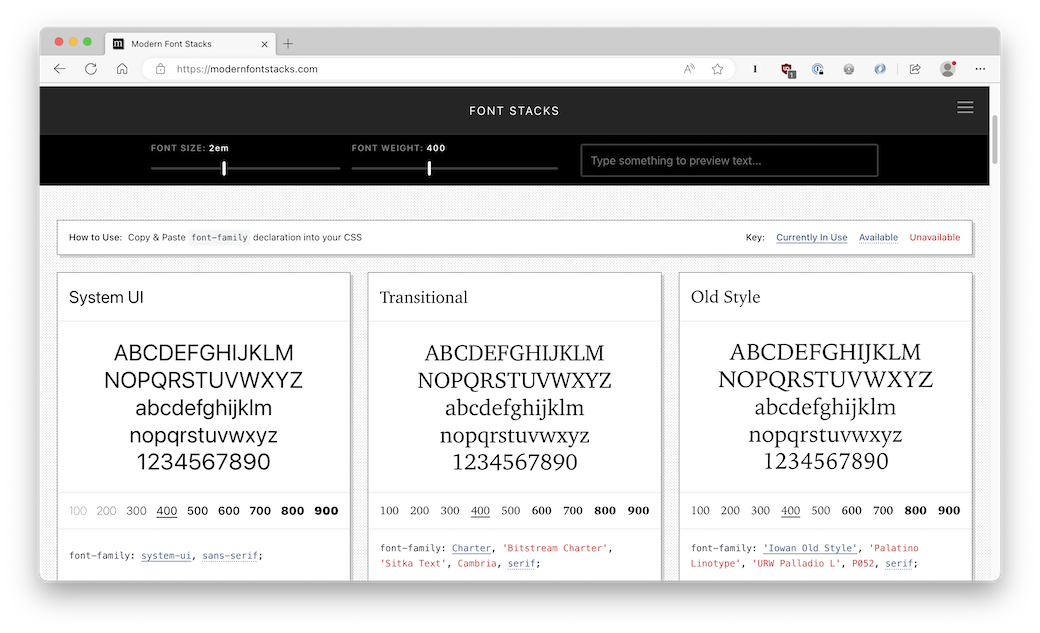 A screenshot of the Modern Font Stacks website, featuring a collections of font stacks organized by type