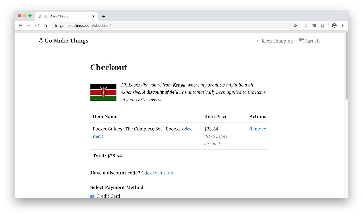 A checkout cart with localized pricing messaging