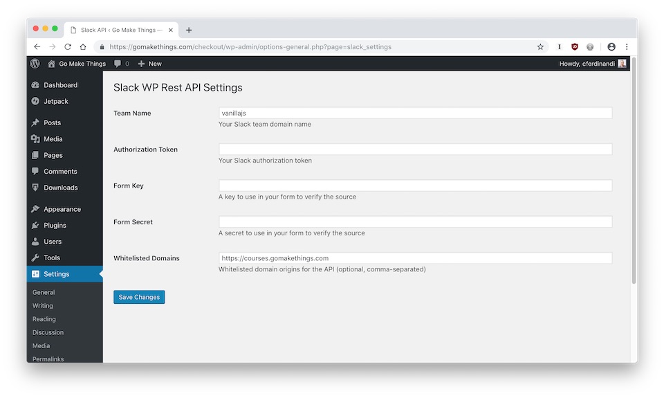 The Slack API for WordPress plugin dashboard