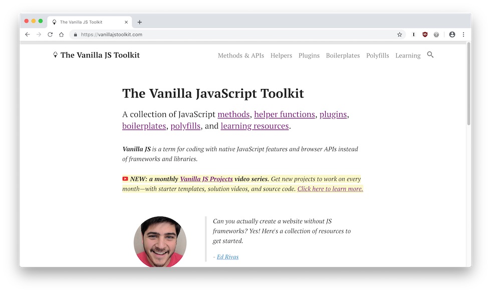 A screenshot of the updated Vanilla JS Toolkit